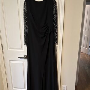 MARINA Black Evening Gown Dress with Beaded Long Sleeves